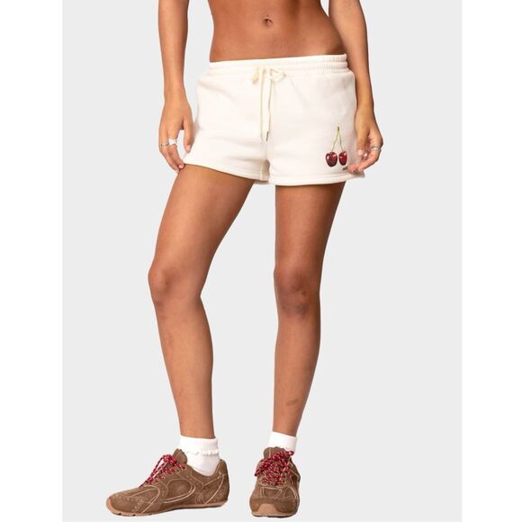 NWOT Edikted Mon Cheri Sweat Shorts Beige Fleece Pull on Drawstring Womens XS - Picture 2 of 11